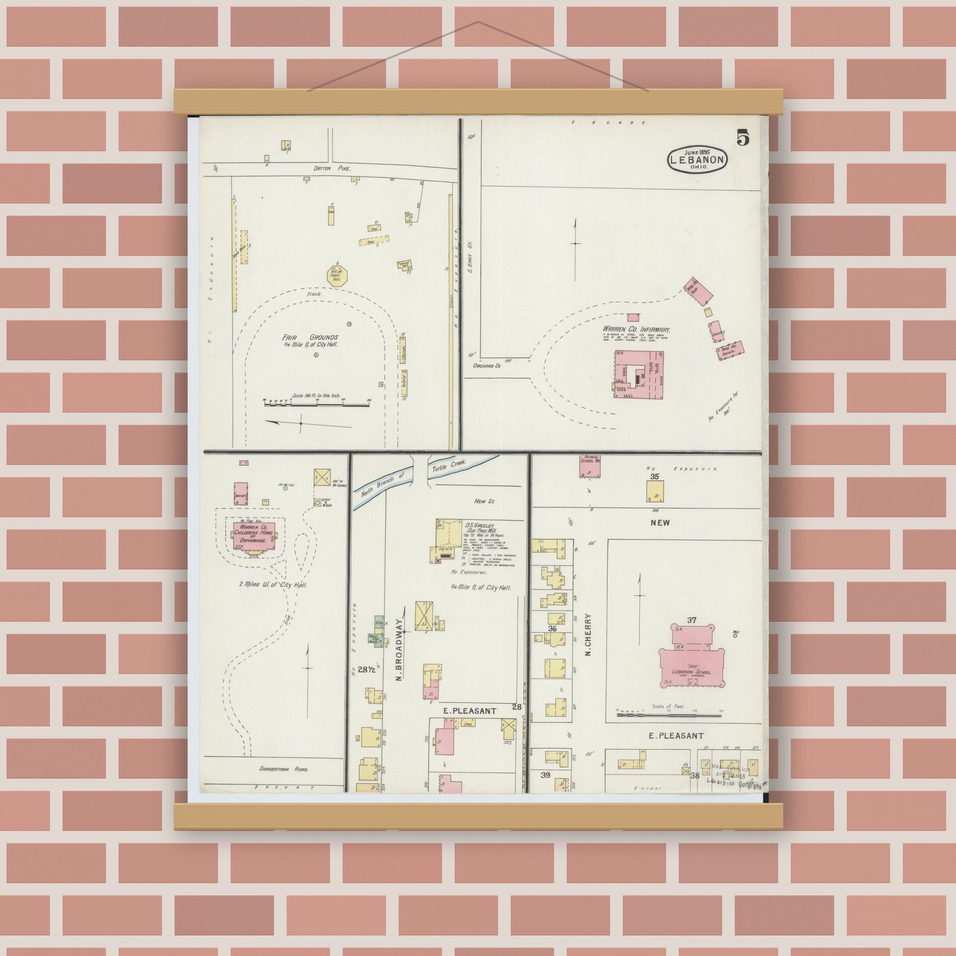 Old map wall art mockup — magnetic wood frame on brick wall — Sanborn Fire Insurance Map from Lebanon, Warren County, Ohio (1895), Sheet #0005