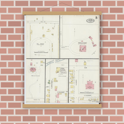 Old map wall art mockup — magnetic wood frame on brick wall — Sanborn Fire Insurance Map from Lebanon, Warren County, Ohio (1895), Sheet #0005