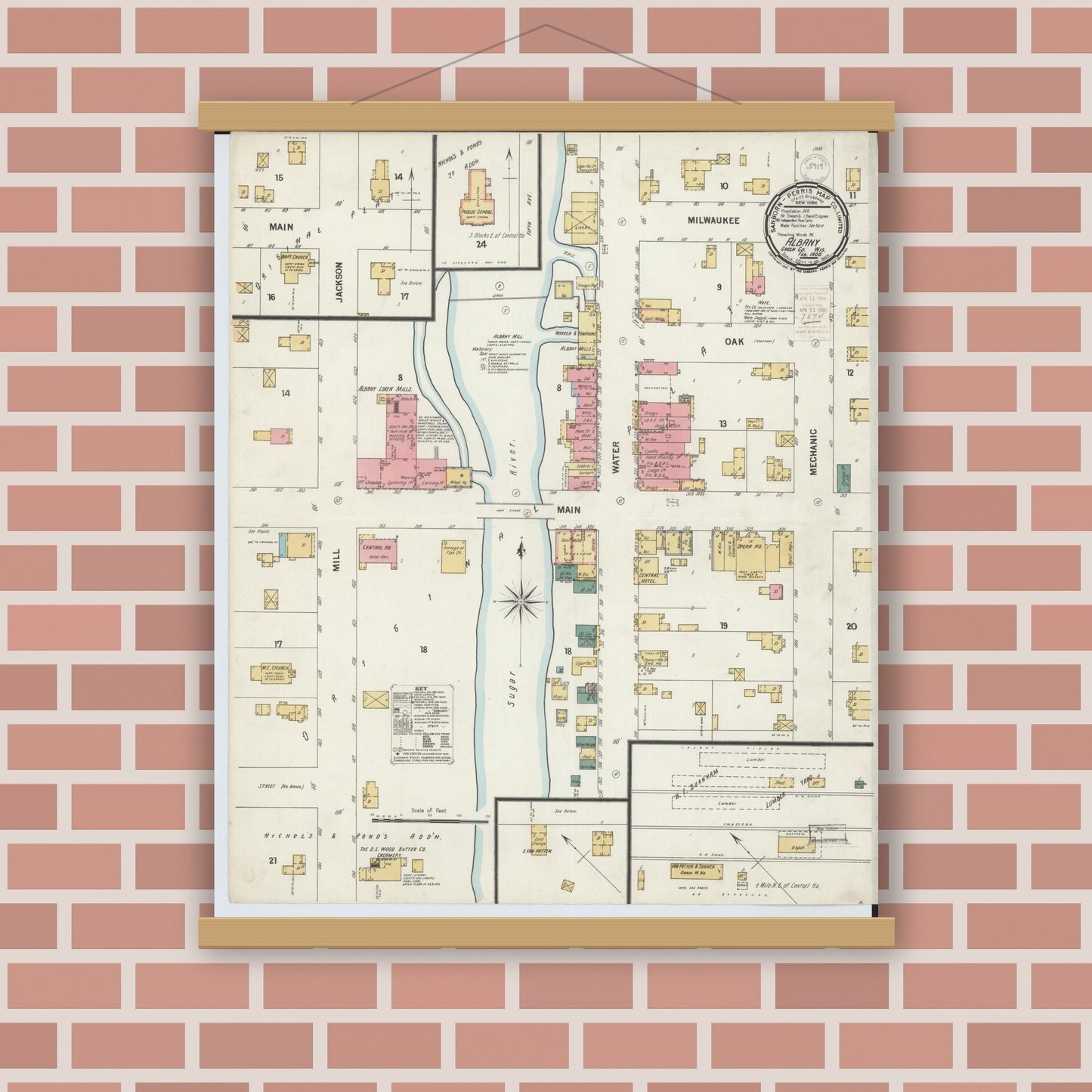 Old map wall art mockup — magnetic wood frame on brick wall — Sanborn Fire Insurance Map from Albany, Green County, Wisconsin (1900), Sheet #0001