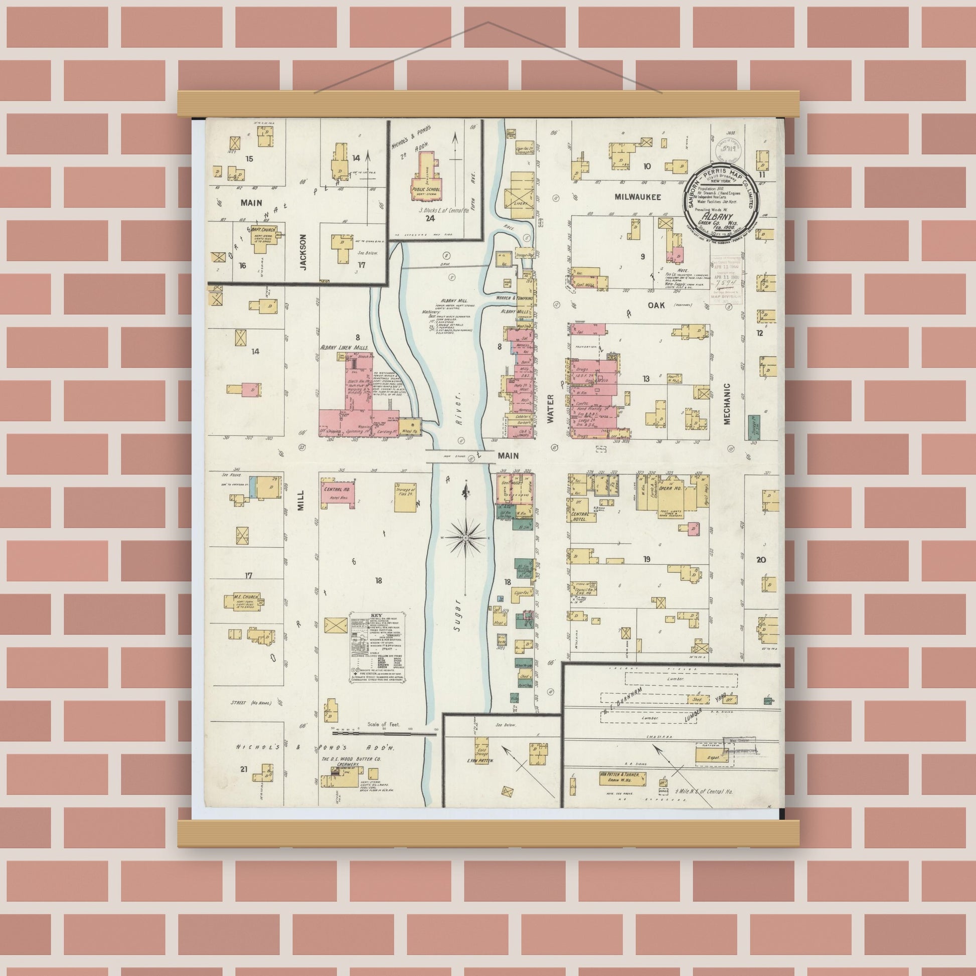 Old map wall art mockup — magnetic wood frame on brick wall — Sanborn Fire Insurance Map from Albany, Green County, Wisconsin (1900), Sheet #0001