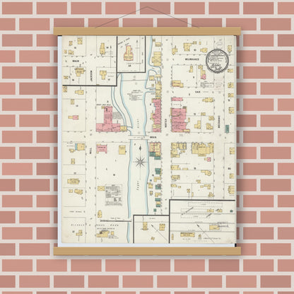 Old map wall art mockup — magnetic wood frame on brick wall — Sanborn Fire Insurance Map from Albany, Green County, Wisconsin (1900), Sheet #0001