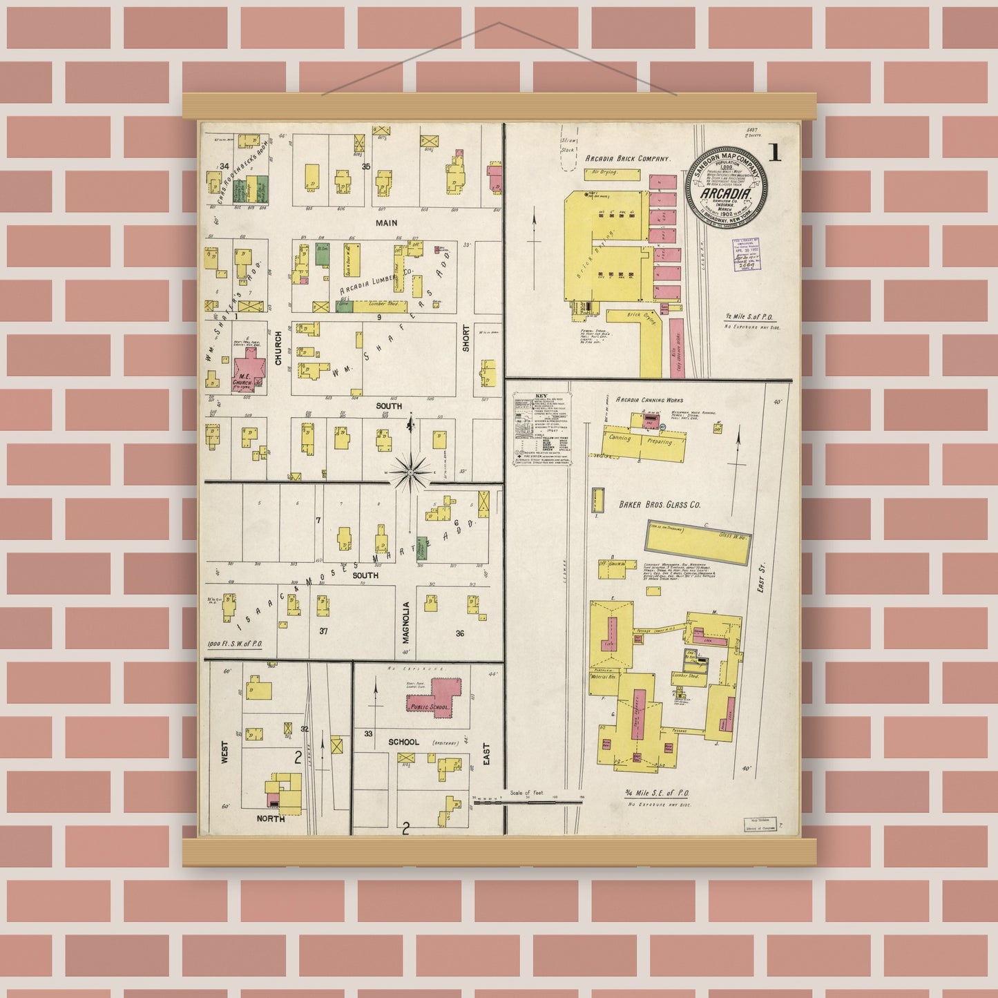 Old map wall art mockup — magnetic wood frame on brick wall — Sanborn Fire Insurance Map from Arcadia, Hamilton County, Indiana (1902), Sheet #0001