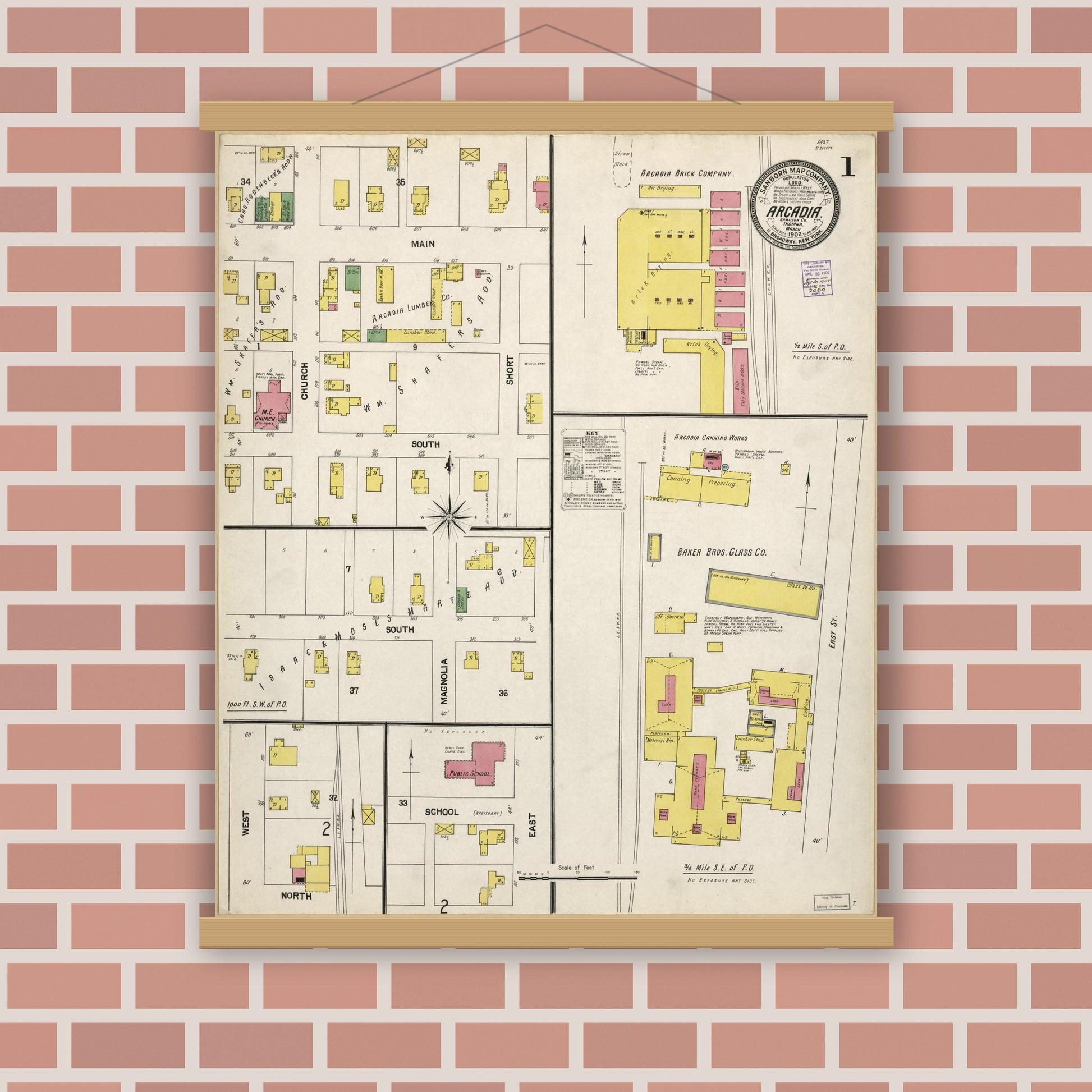 Old map wall art mockup — magnetic wood frame on brick wall — Sanborn Fire Insurance Map from Arcadia, Hamilton County, Indiana (1902), Sheet #0001