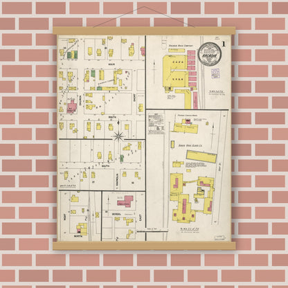 Old map wall art mockup — magnetic wood frame on brick wall — Sanborn Fire Insurance Map from Arcadia, Hamilton County, Indiana (1902), Sheet #0001