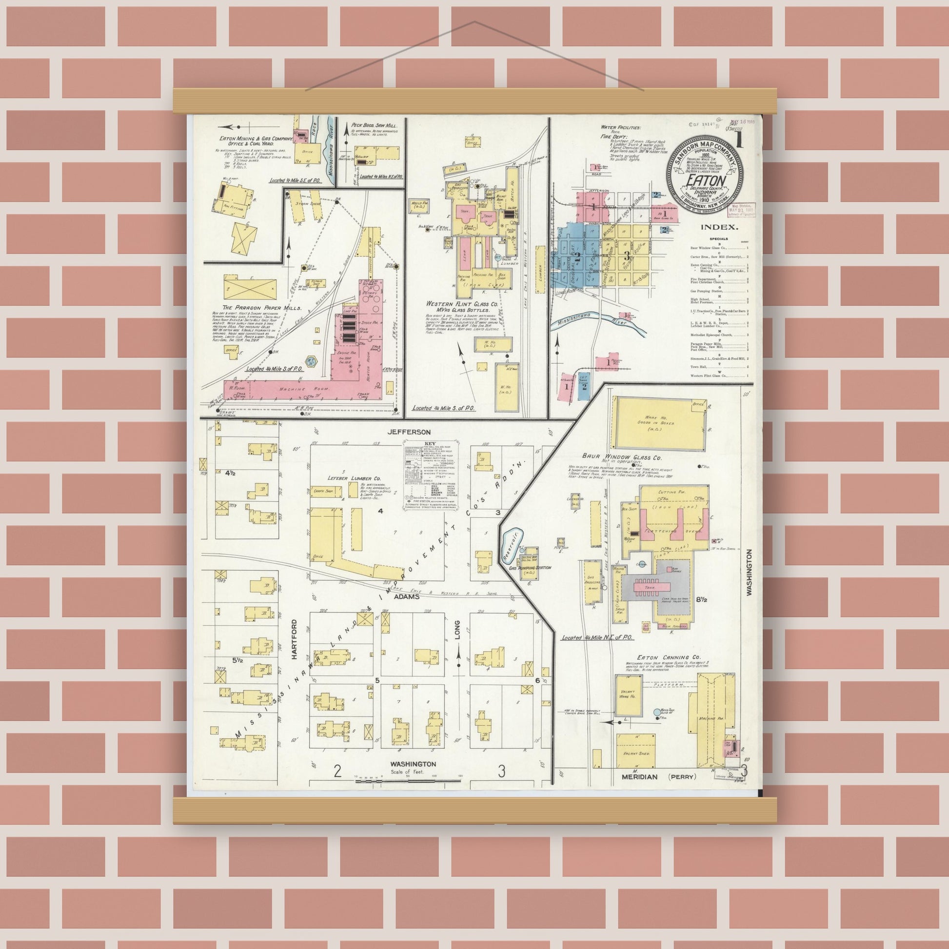 Old map wall art mockup — magnetic wood frame on brick wall — Sanborn Fire Insurance Map from Eaton, Delaware County, Indiana (1910) - Complete Map Set