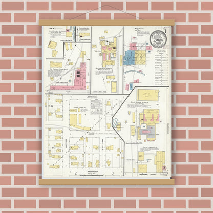 Old map wall art mockup — magnetic wood frame on brick wall — Sanborn Fire Insurance Map from Eaton, Delaware County, Indiana (1910) - Complete Map Set