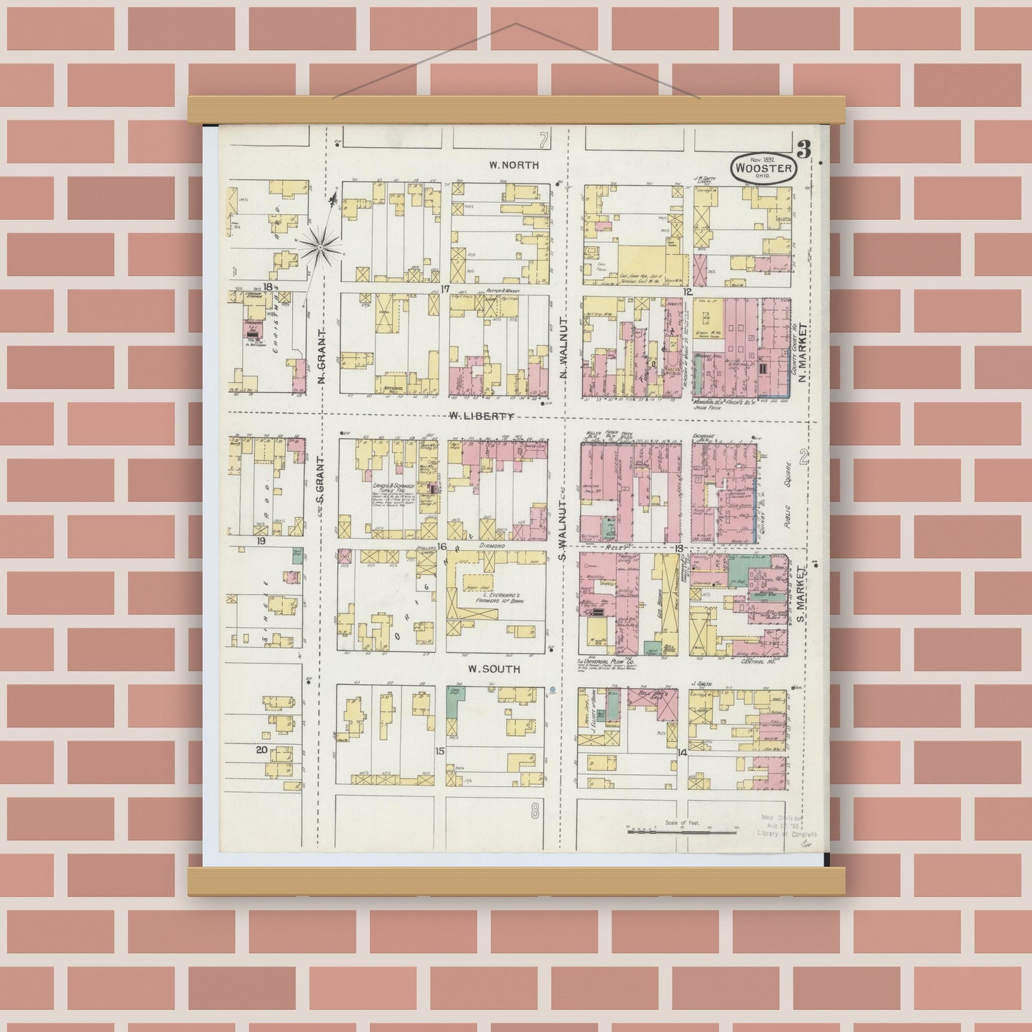 Old map wall art mockup — magnetic wood frame on brick wall — Sanborn Fire Insurance Map from Wooster, Wayne County, Ohio (1892), Sheet #0003