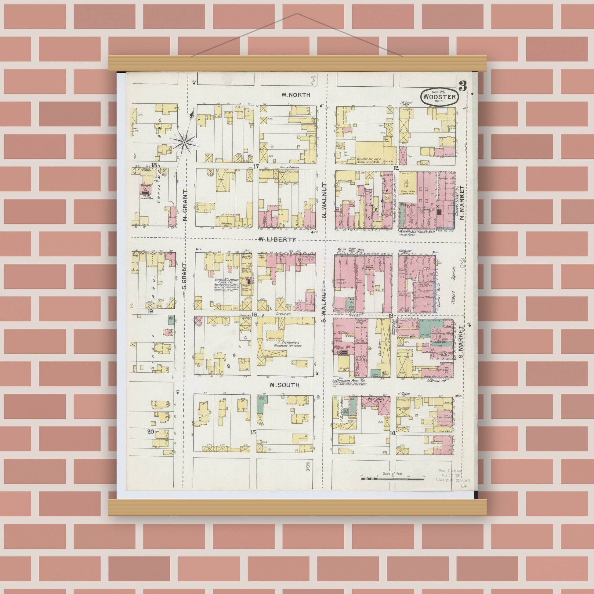 Old map wall art mockup — magnetic wood frame on brick wall — Sanborn Fire Insurance Map from Wooster, Wayne County, Ohio (1892), Sheet #0003