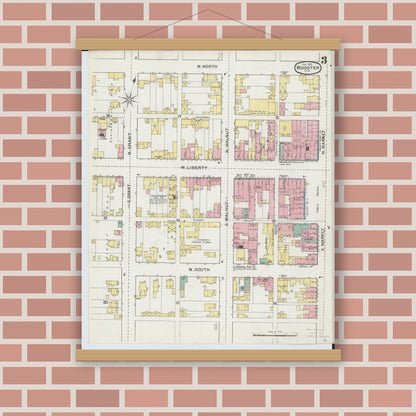 Old map wall art mockup — magnetic wood frame on brick wall — Sanborn Fire Insurance Map from Wooster, Wayne County, Ohio (1892), Sheet #0003