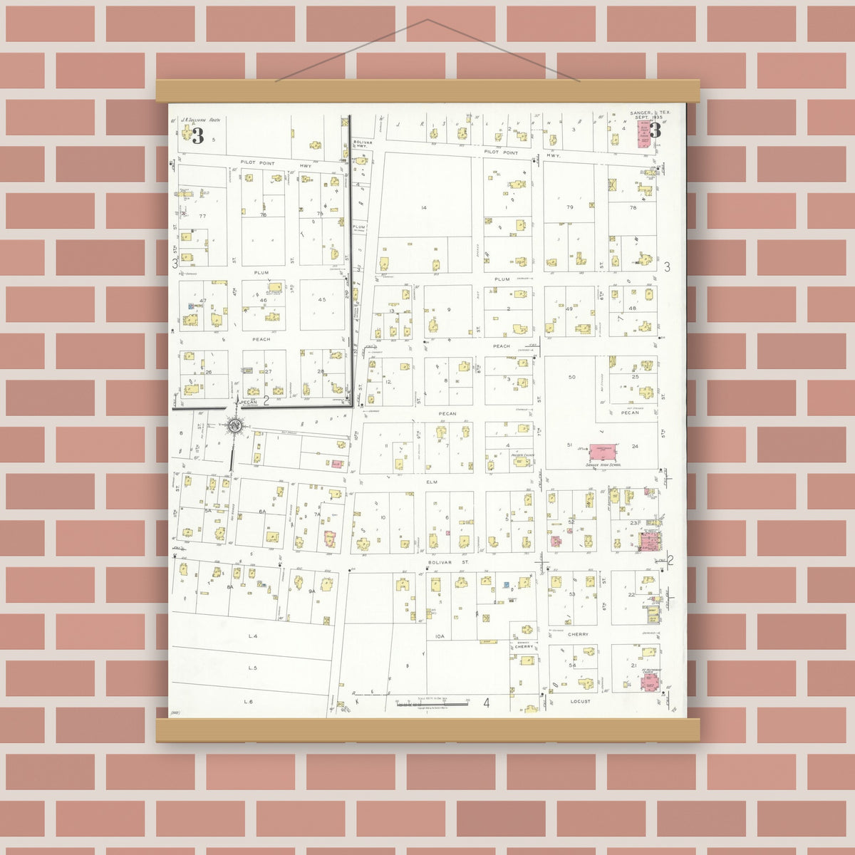 Old map wall art mockup — magnetic wood frame on brick wall — Sanborn Fire Insurance Map from Sanger, Denton County, Texas (1935), Sheet #0003