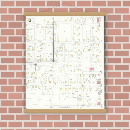 Old map wall art mockup — magnetic wood frame on brick wall — Sanborn Fire Insurance Map from Sanger, Denton County, Texas (1935), Sheet #0003