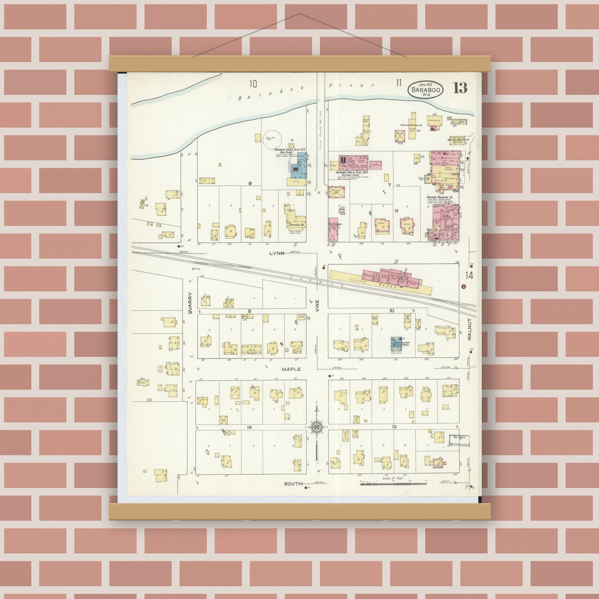 Old map wall art mockup — magnetic wood frame on brick wall — Sanborn Fire Insurance Map from Baraboo, Sauk County, Wisconsin (1913), Sheet #0013