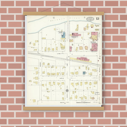 Old map wall art mockup — magnetic wood frame on brick wall — Sanborn Fire Insurance Map from Baraboo, Sauk County, Wisconsin (1913), Sheet #0013