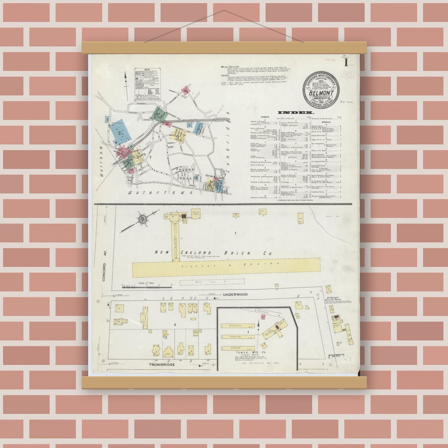 Old map wall art mockup — magnetic wood frame on brick wall — Sanborn Fire Insurance Map from Belmont, Middlesex County, Massachusetts (1910), Sheet #0001