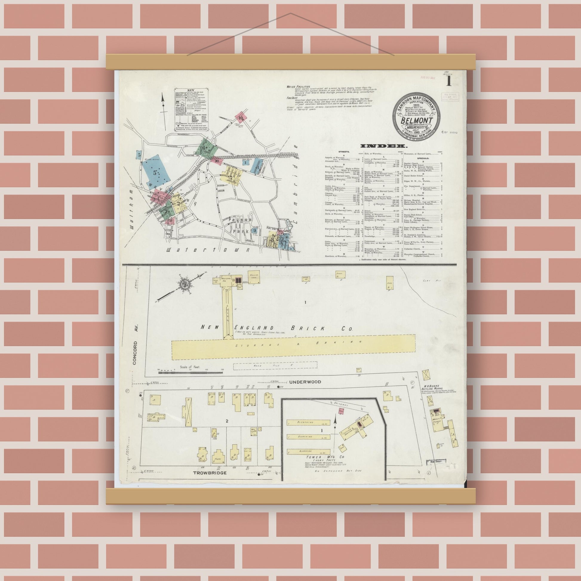Old map wall art mockup — magnetic wood frame on brick wall — Sanborn Fire Insurance Map from Belmont, Middlesex County, Massachusetts (1910), Sheet #0001