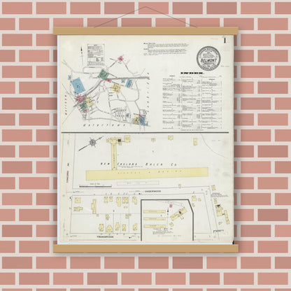 Old map wall art mockup — magnetic wood frame on brick wall — Sanborn Fire Insurance Map from Belmont, Middlesex County, Massachusetts (1910), Sheet #0001