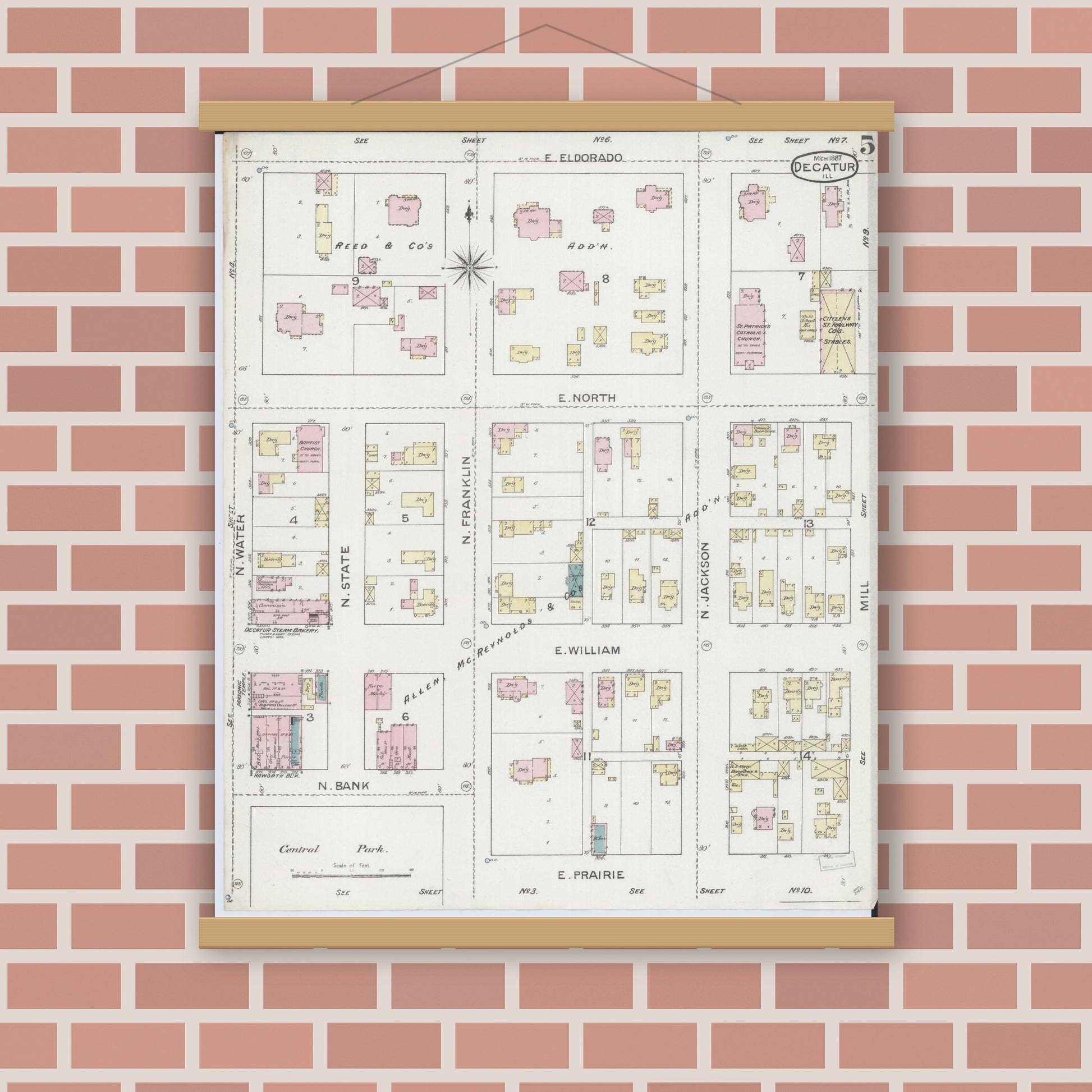 Old map wall art mockup — magnetic wood frame on brick wall — Sanborn Fire Insurance Map from Decatur, Macon County, Illinois (1887), Sheet #0005