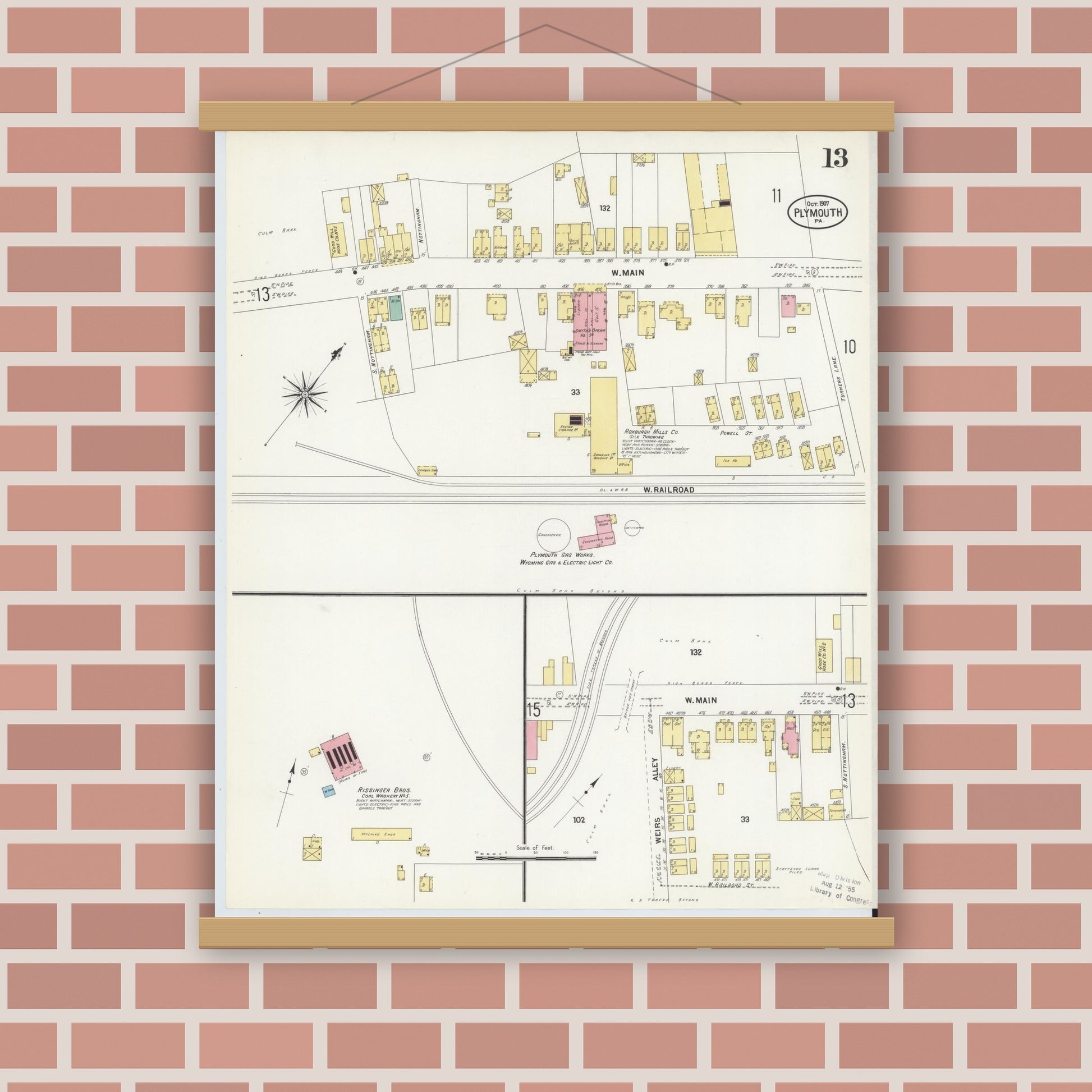 Old map wall art mockup — magnetic wood frame on brick wall — Sanborn Fire Insurance Map from Plymouth, Luzerne County, Pennsylvania (1907), Sheet #0013