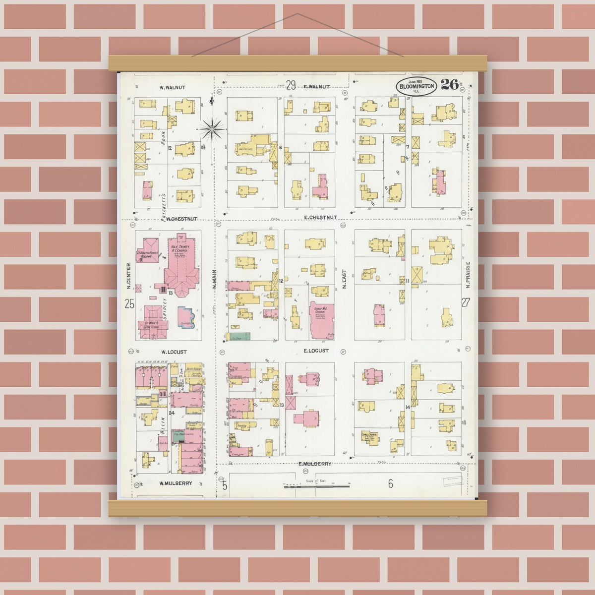 Old map wall art mockup — magnetic wood frame on brick wall — Sanborn Fire Insurance Map from Bloomington, McLean County, Illinois (1901), Sheet #0026