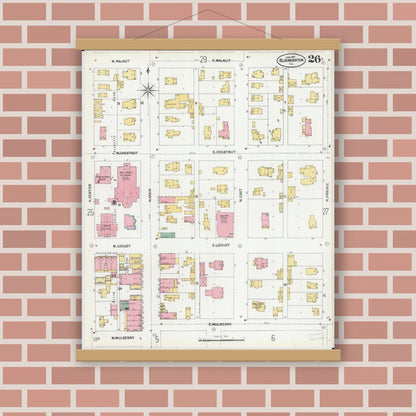 Old map wall art mockup — magnetic wood frame on brick wall — Sanborn Fire Insurance Map from Bloomington, McLean County, Illinois (1901), Sheet #0026