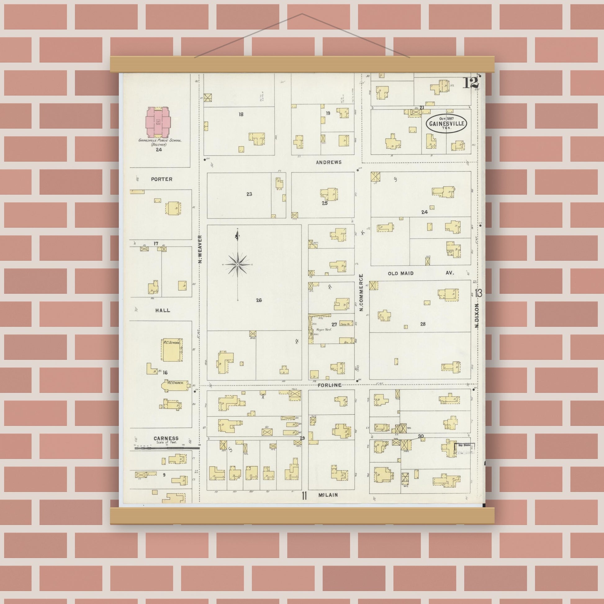 Old map wall art mockup — magnetic wood frame on brick wall — Sanborn Fire Insurance Map from Gainesville, Cooke County, Texas (1897), Sheet #0012