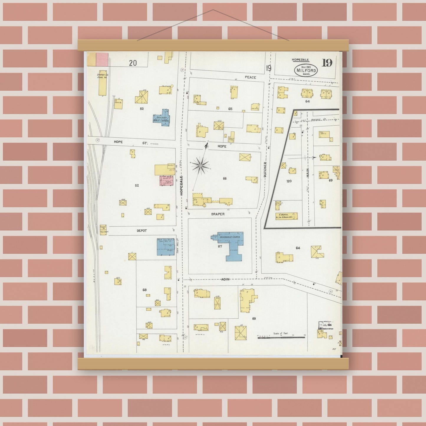 Old map wall art mockup — magnetic wood frame on brick wall — Sanborn Fire Insurance Map from Milford, Worcester County, Massachusetts (1903), Sheet #0019