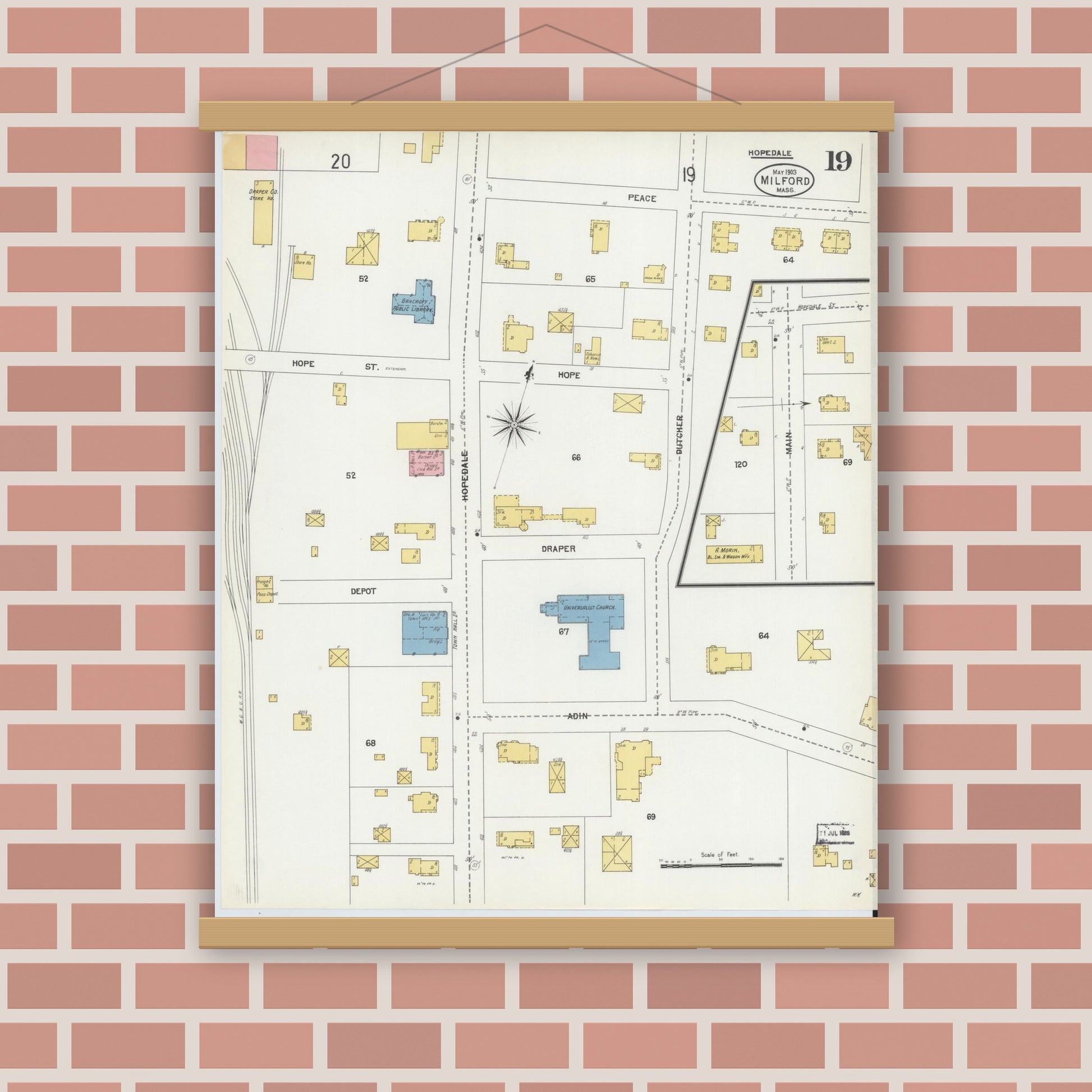 Old map wall art mockup — magnetic wood frame on brick wall — Sanborn Fire Insurance Map from Milford, Worcester County, Massachusetts (1903), Sheet #0019
