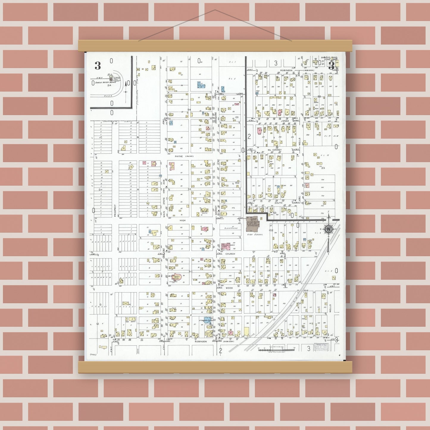 Old map wall art mockup — magnetic wood frame on brick wall — Sanborn Fire Insurance Map from Shreve, Wayne County, Ohio (1950), Sheet #0003