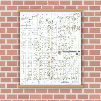 Old map wall art mockup — magnetic wood frame on brick wall — Sanborn Fire Insurance Map from Shreve, Wayne County, Ohio (1950), Sheet #0003