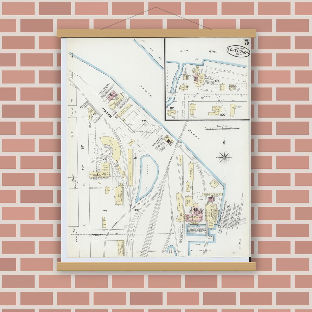Old map wall art mockup — magnetic wood frame on brick wall — Sanborn Fire Insurance Map from Port Huron, Saint Clair County, Michigan (1887), Sheet #0005