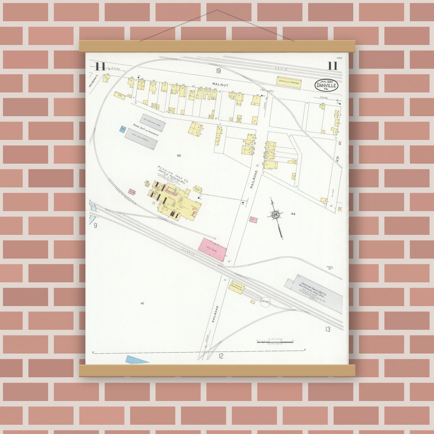 Old map wall art mockup — magnetic wood frame on brick wall — Sanborn Fire Insurance Map from Danville, Montour County, Pennsylvania (1930), Sheet #0011