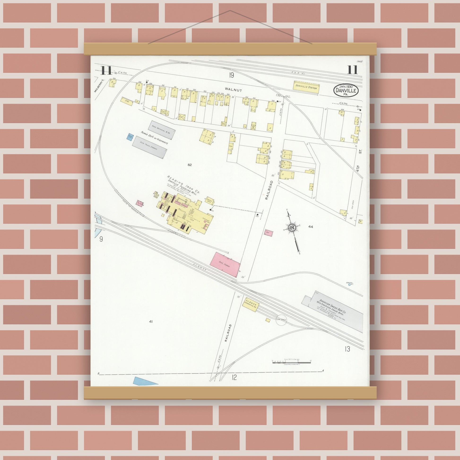 Old map wall art mockup — magnetic wood frame on brick wall — Sanborn Fire Insurance Map from Danville, Montour County, Pennsylvania (1930), Sheet #0011