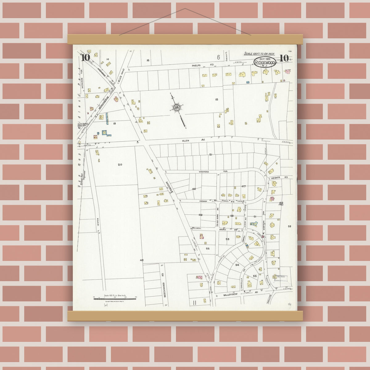 Old map wall art mockup — magnetic wood frame on brick wall — Sanborn Fire Insurance Map from Ridgewood, Bergen County, New Jersey (1924), Sheet #0010