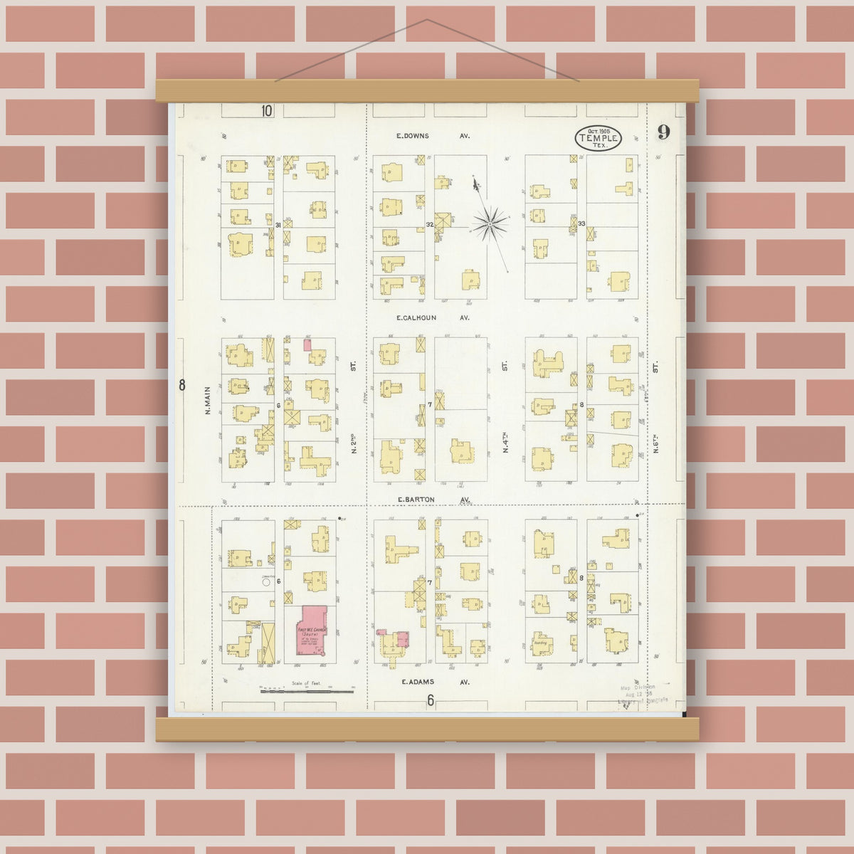 Old map wall art mockup — magnetic wood frame on brick wall — Sanborn Fire Insurance Map from Temple, Bell County, Texas (1905), Sheet #0009