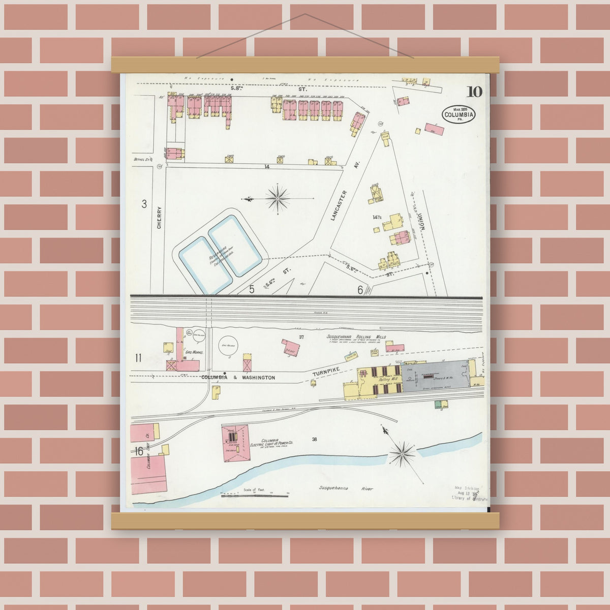 Old map wall art mockup — magnetic wood frame on brick wall — Sanborn Fire Insurance Map from Columbia, Lancaster County, Pennsylvania (1899), Sheet #0010