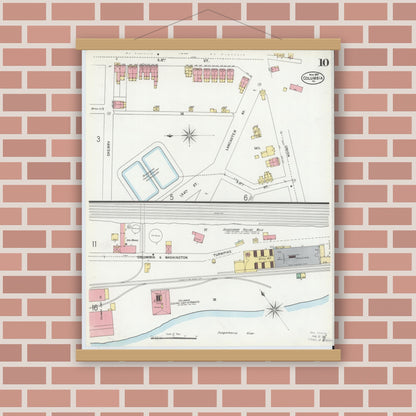 Old map wall art mockup — magnetic wood frame on brick wall — Sanborn Fire Insurance Map from Columbia, Lancaster County, Pennsylvania (1899), Sheet #0010