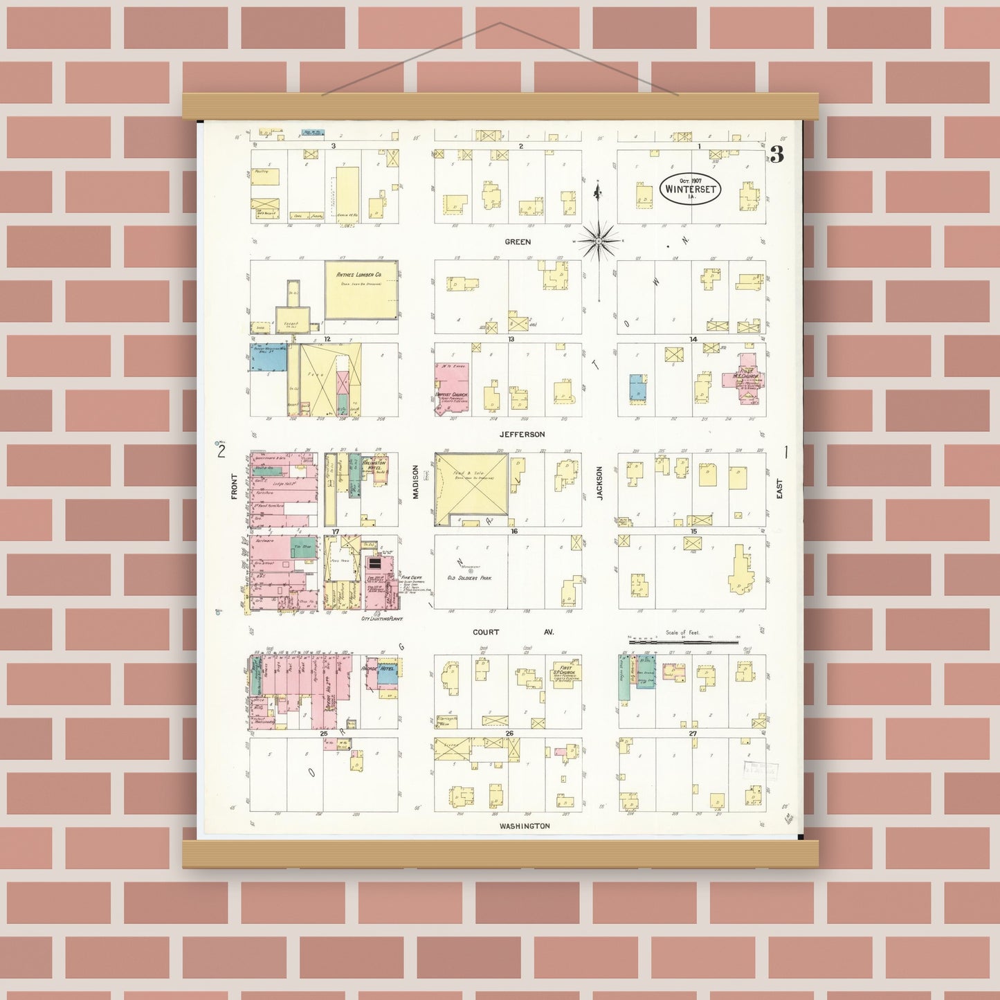 Old map wall art mockup — magnetic wood frame on brick wall — Sanborn Fire Insurance Map from Winterset, Madison County, Iowa (1907), Sheet #0003