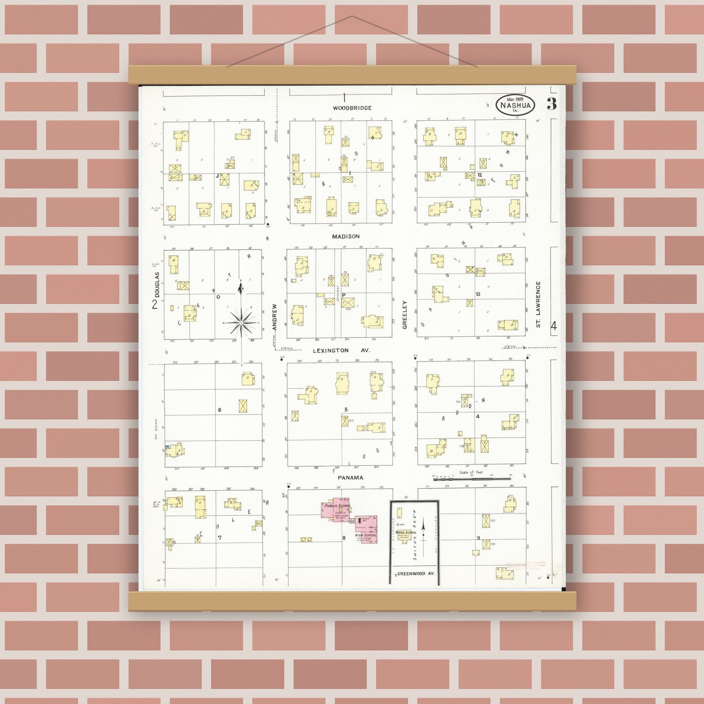 Old map wall art mockup — magnetic wood frame on brick wall — Sanborn Fire Insurance Map from Nashua, Chickasaw County, Iowa (1909), Sheet #0003
