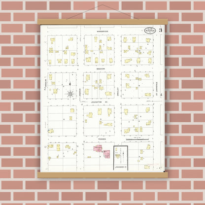 Old map wall art mockup — magnetic wood frame on brick wall — Sanborn Fire Insurance Map from Nashua, Chickasaw County, Iowa (1909), Sheet #0003