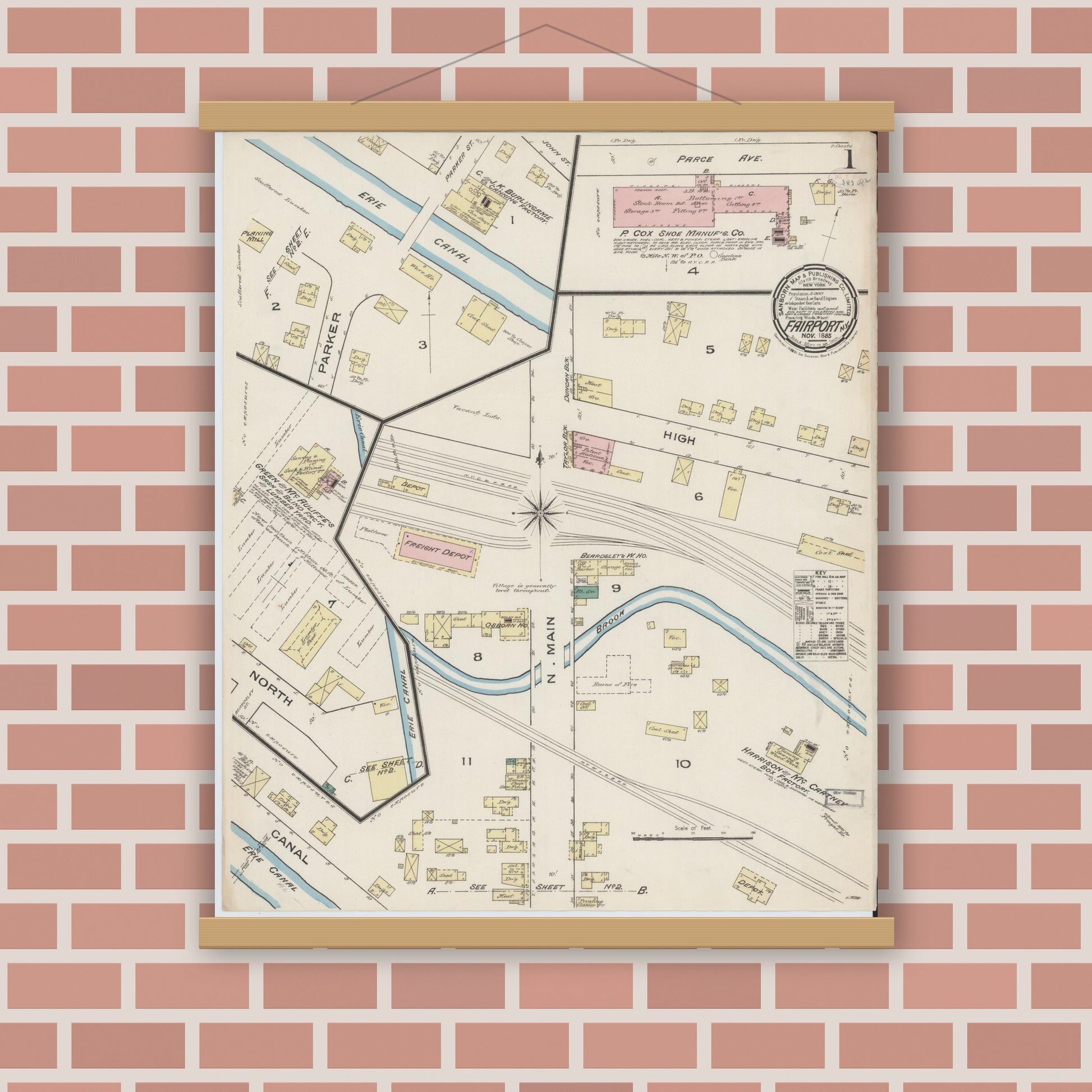 Old map wall art mockup — magnetic wood frame on brick wall — Sanborn Fire Insurance Map from Fairport, Monroe County, New York (1885) - Complete Map Set
