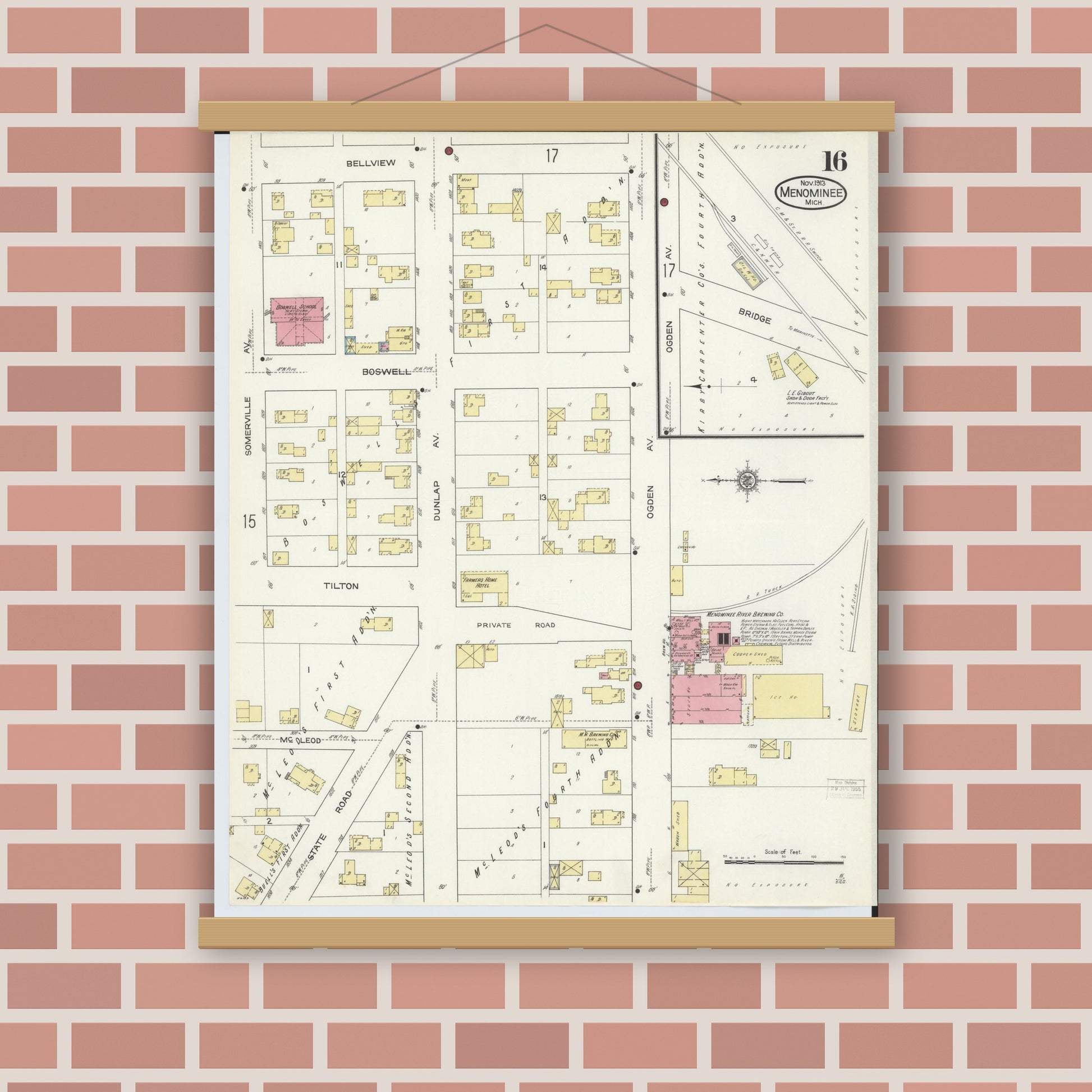 Old map wall art mockup — magnetic wood frame on brick wall — Sanborn Fire Insurance Map from Menominee, Menominee County, Michigan (1913), Sheet #0016