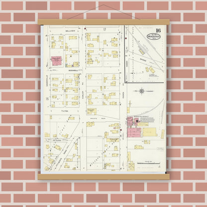 Old map wall art mockup — magnetic wood frame on brick wall — Sanborn Fire Insurance Map from Menominee, Menominee County, Michigan (1913), Sheet #0016
