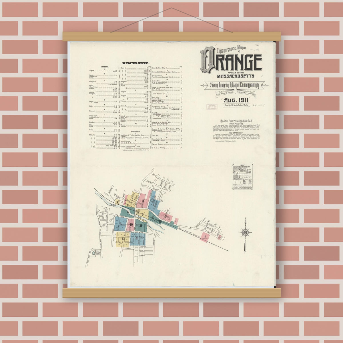 Old map wall art mockup — magnetic wood frame on brick wall — Sanborn Fire Insurance Map from Orange, Franklin County, Massachusetts (1911), Sheet #0001