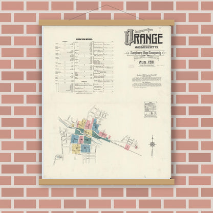 Old map wall art mockup — magnetic wood frame on brick wall — Sanborn Fire Insurance Map from Orange, Franklin County, Massachusetts (1911), Sheet #0001