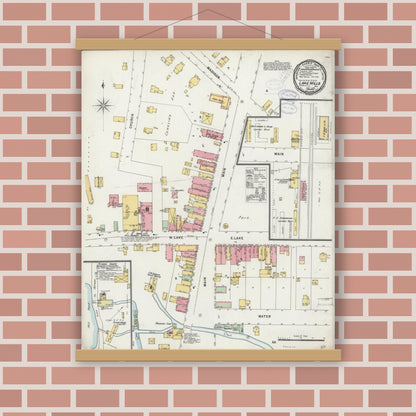 Old map wall art mockup — magnetic wood frame on brick wall — Sanborn Fire Insurance Map from Lake Mills, Jefferson County, Wisconsin (1898), Sheet #0001