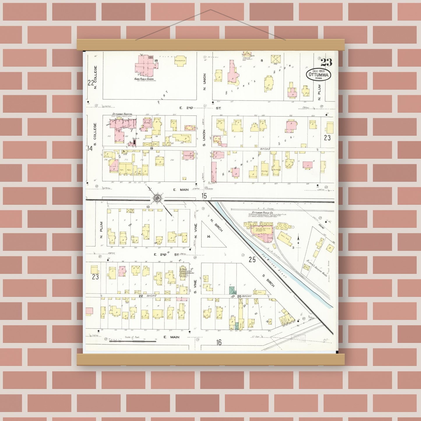 Old map wall art mockup — magnetic wood frame on brick wall — Sanborn Fire Insurance Map from Ottumwa, Wapello County, Iowa (1909), Sheet #0023