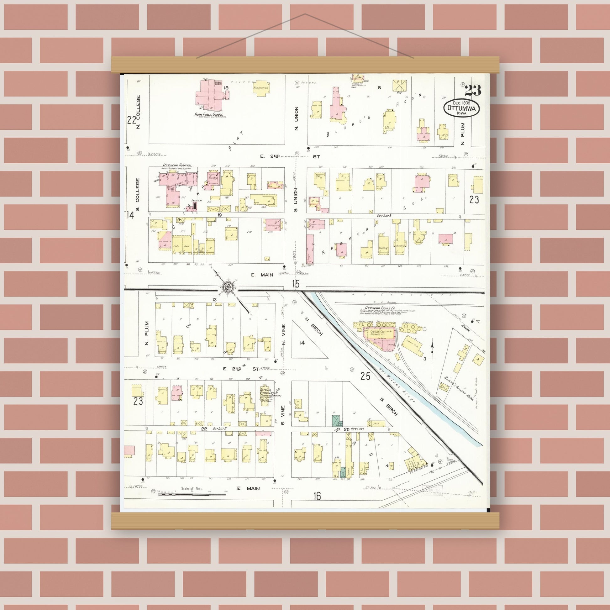 Old map wall art mockup — magnetic wood frame on brick wall — Sanborn Fire Insurance Map from Ottumwa, Wapello County, Iowa (1909), Sheet #0023