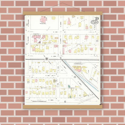 Old map wall art mockup — magnetic wood frame on brick wall — Sanborn Fire Insurance Map from Ottumwa, Wapello County, Iowa (1909), Sheet #0023