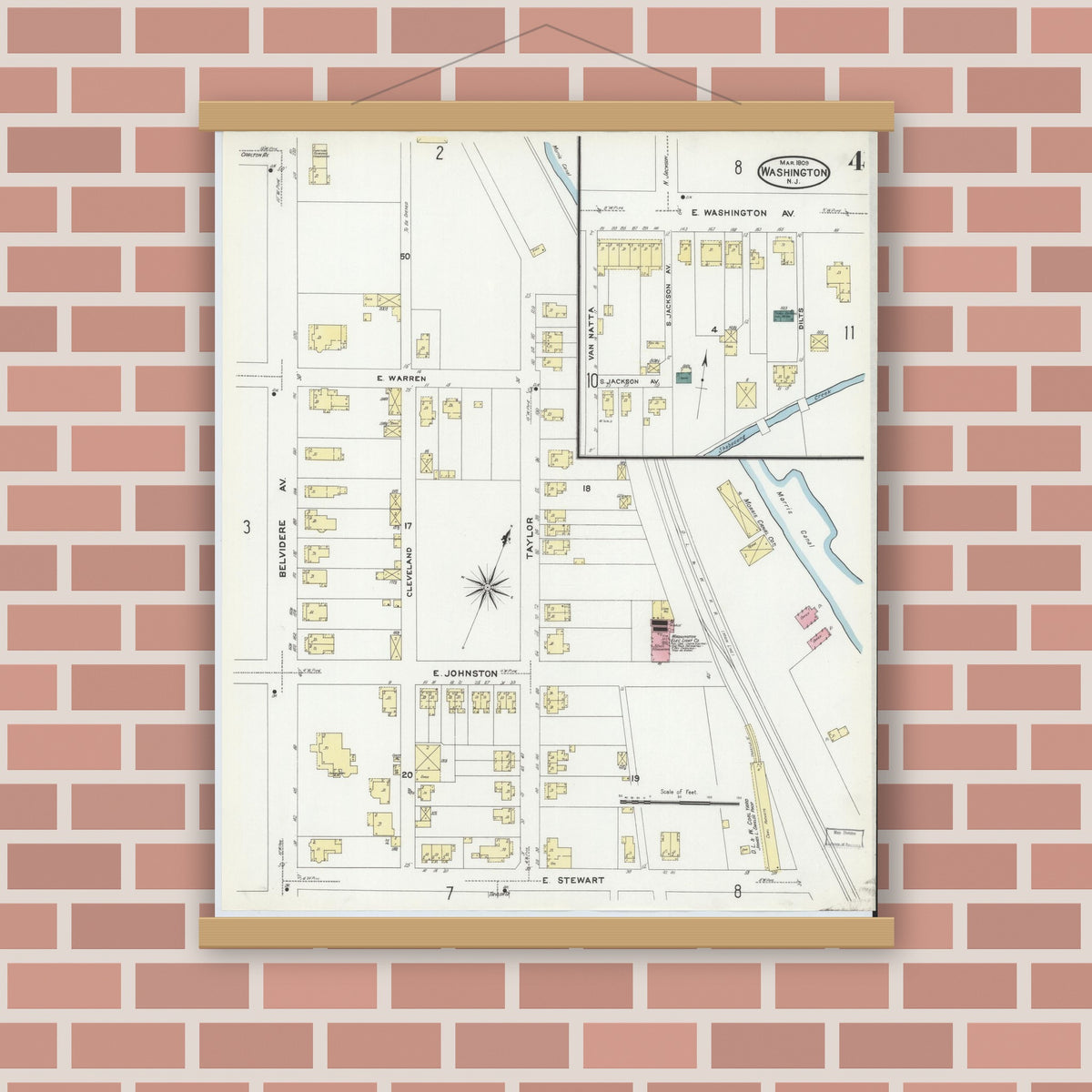 Old map wall art mockup — magnetic wood frame on brick wall — Sanborn Fire Insurance Map from Washington, Warren County, New Jersey (1909), Sheet #0004