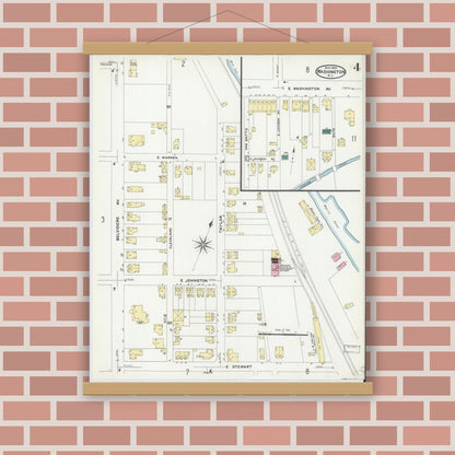 Old map wall art mockup — magnetic wood frame on brick wall — Sanborn Fire Insurance Map from Washington, Warren County, New Jersey (1909), Sheet #0004
